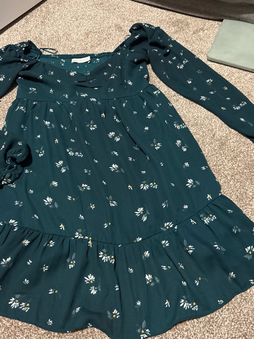 Abercrombie & Fitch Teal Floral Long-Sleeve Ruffle-Hem Dress